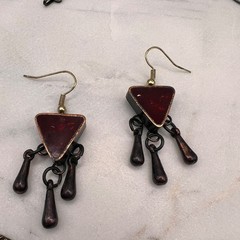 Copper Tone Statement Necklace Red Glass Cabochon Fringe Earrings Set Boho