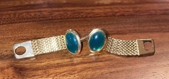 Cufflinks Gold Tone Green Stone Chain link Bullet Back Retro VTG