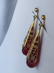 Avon Vintage Clip-On Red Lucite Drop Goldtone Filigree Dangly
