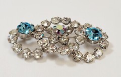 Vintage Clear AB Aqua Rhinestone Three Ring Large Brooch