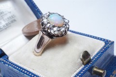 PRETTY ANTIQUE 15K GOLD OPAL & DIAMOND CLUSTER RING c1900