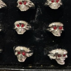 Lot Of 12 VTG NOS Silver Plate Skull Rings Red Eyes Assorted Sizes