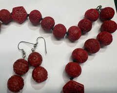 Vintage Chinese Cinnabar Carved Red Bead Necklace & Earrings Set