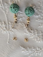 Chinese Turquoise Shou Carved Bead Earrings & Necklace 21” Gold Plated Clasp