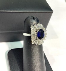 18K White Gold 2.95ctw Oval Sapphire & Tapered VS Baguette Diamond Ring