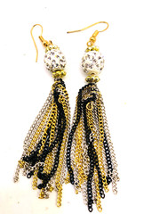 Vintage 1990s 2000s Disco Ball CZ Sparkle Black Gold Chain Tassel NYE Earrings