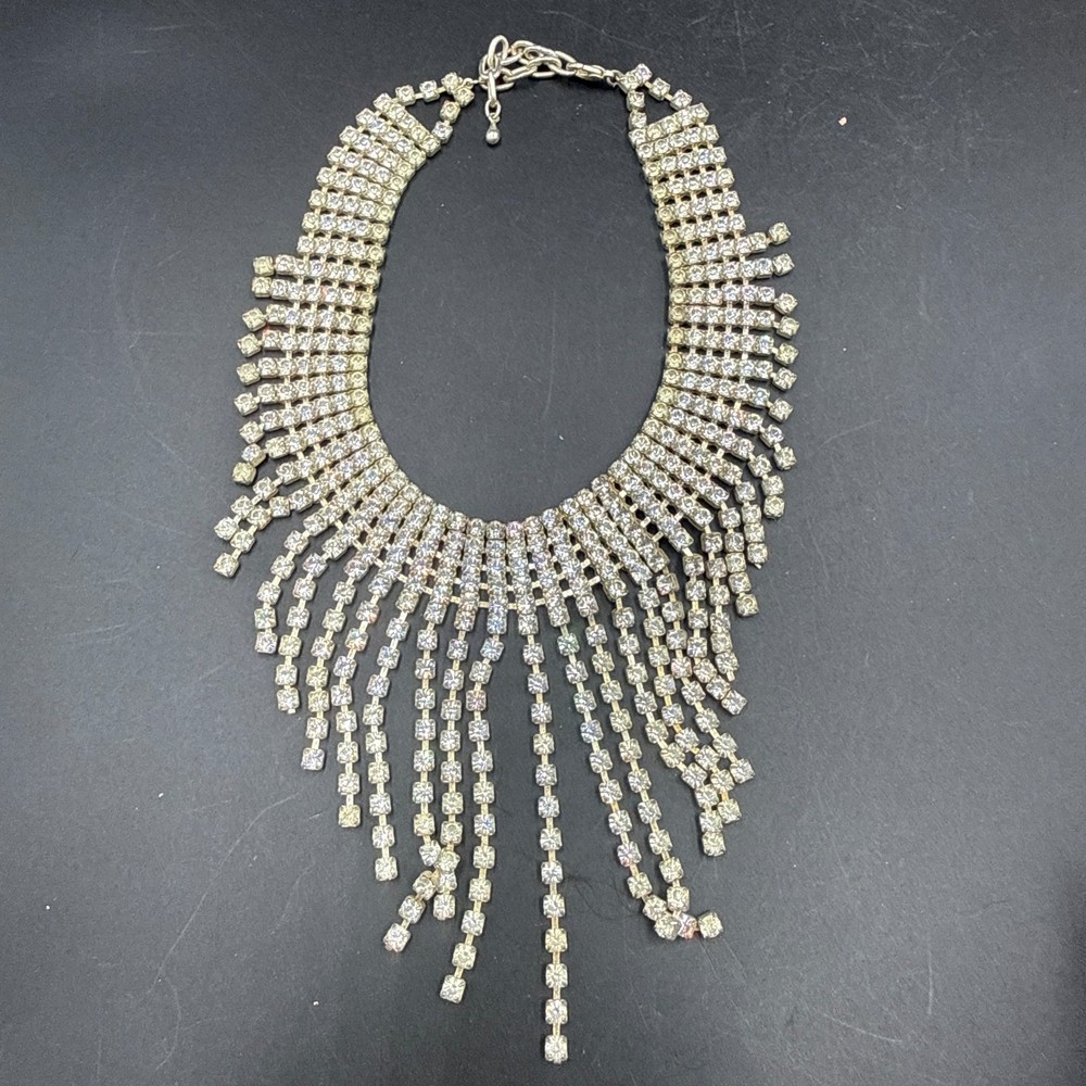Vintage Rhinestone Tassel Necklace Fringe Bib Statement Jewelry