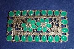 Antique Emerald Cabochon Flower Marcasite Pin Brooch Silver Tone Early 1900 RARE