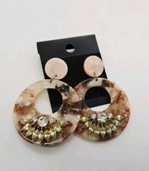Round Acrylic earrings Multicolored tortoise Pattern Rhinestone Accent 2.25 in