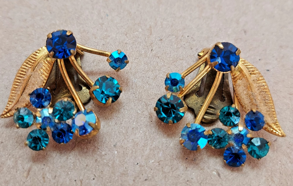 Aurora Borealis Blue Austrian Crystal Clip Earrings Marked Austria 4 Prong