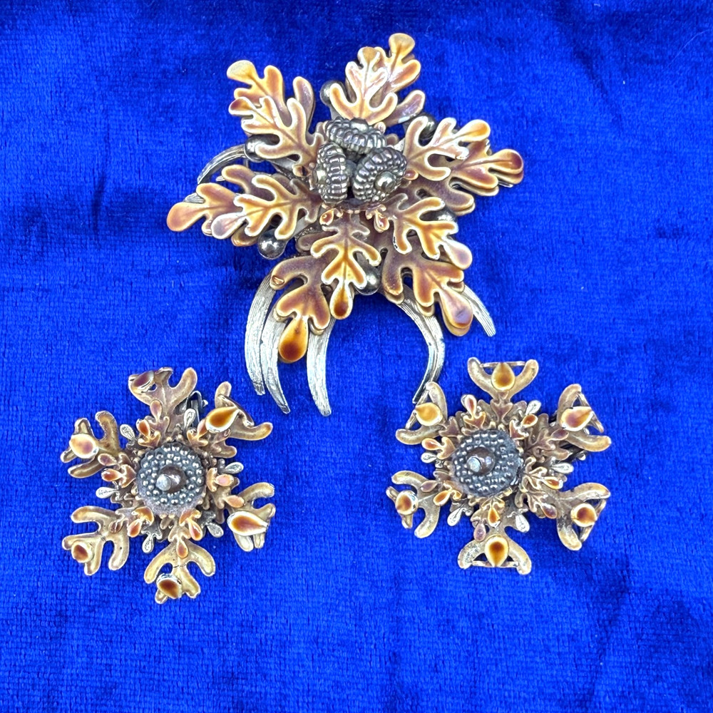 Vintage Enamel Brooch Clip on Earrings Set Flower Fall Acorn Tree Autumn