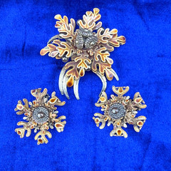 Vintage Enamel Brooch Clip on Earrings Set Flower Fall Acorn Tree Autumn