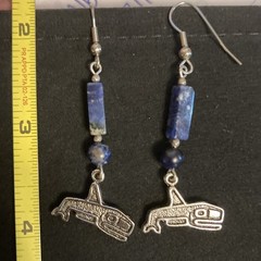 Lapis Lazuli NW Coast ORCA Killer Whale Dangle Earrings w/French Wire 2″