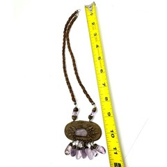 Vintage Artisan Amethyst Stone Polymer Clay Leather Statement Pendant Necklace