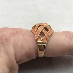 Vintage Signed 18K HGE Gold Plated Coral Enamel Basket Weave Ring varied sizes