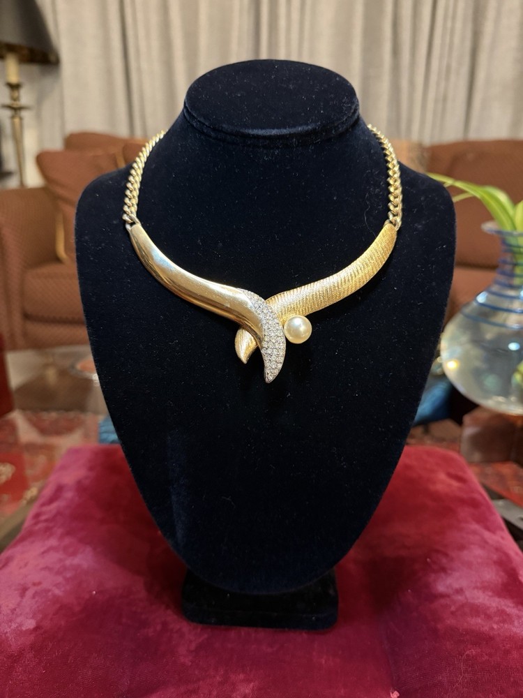 VTG CRAFT Gold Tone Collar Asymmetrical Rhinestone Pearl Choker Necklace