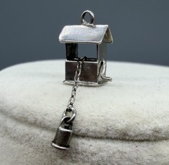 Vintage Sterling Silver Mechanical Wishing Well Charm Pendant Winds Up Bucket