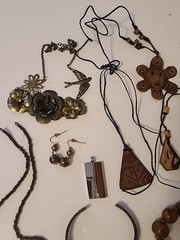 Vintage 70s Style Wood & Leather Jewelry Lot Bangles Earrings Necklace Hippie…