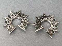 Vtg Sterling Star Point Statement Earrings, Emerald Green & Clear CZ Settings