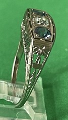 18k White Gold Art Deco Natural European Cut Diamond & Sapphire Ring