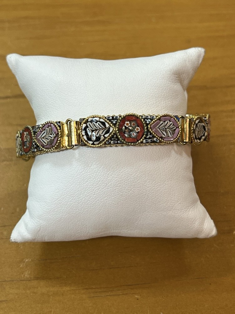 Vintage Italian Micro Mosaic 5 Panel Link Bracelet Goldtone Floral Rose