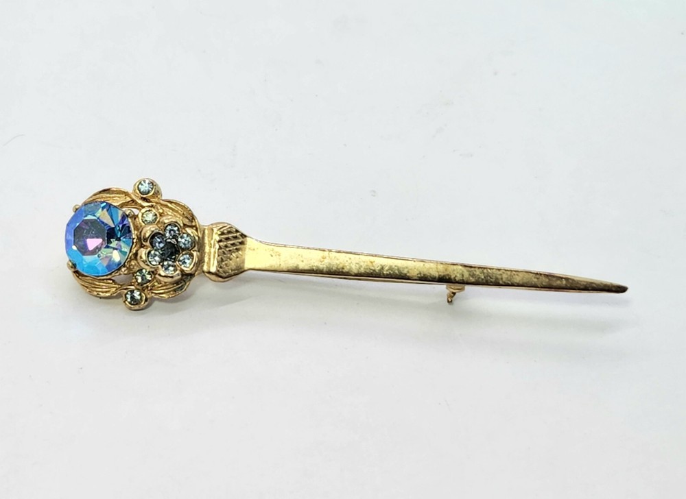Vtg Sword Saber Brooch Dress Coat Kilt Pin Gold Tone AB Blue Rhinestone 3.5 In