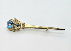 Vtg Sword Saber Brooch Dress Coat Kilt Pin Gold Tone AB Blue Rhinestone 3.5 In
