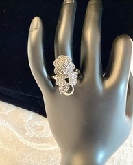 C&C Rhodium Electroplate Clark & Coombs Art Deco Marcasite Rose Flower Ring VTG
