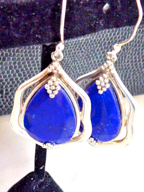 VINTAGE STERLING SILVER DROP DANGLE FACETED LAPIS LAZULI EARRINGS 2″