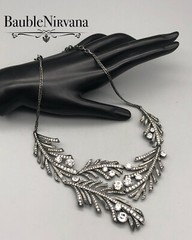 Givenchy Gun Metal & Rhinestone Textured Leaves Statement Bib Necklace WOW!!