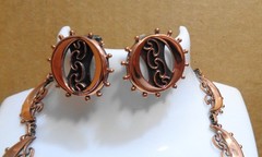 Vintage Solid Copper Renoir Crescent Moon Necklace & Clip On Earrings 44.4 gm