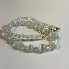 Vintage Necklace White Opalite Semi Precious Stone Beads Cats Eye Glass Crystal