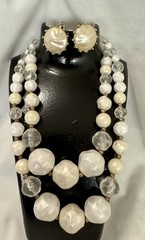 Vintage 2 Strand Glamorous Large Baroque Pearls Necklace & Clip Earrings Set