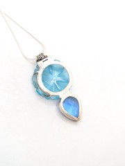 Vintage Carved Blue Topaz Flower Sterling Silver 925 Large Pendant Necklace