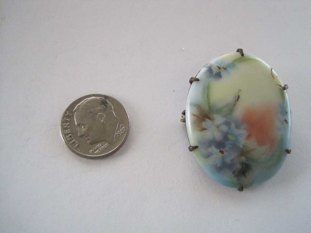 Victorian Collar Pin Brass Back Painted Porcelain Floral Antique