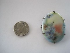 Victorian Collar Pin Brass Back Painted Porcelain Floral Antique