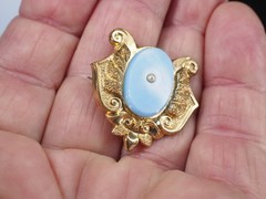 Antique gold brooch blue opaline glass hollow pin tube hinge C-clasp jewelry