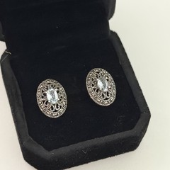 Vintage 925 Sterling Silver Blue Topaz & Marcasite Oval Pierced Stud Earrings