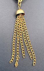 Vintage Blue Glass Cabochon Brooch w/ Chain Tassels Gold Tone Filigree 80s Glam