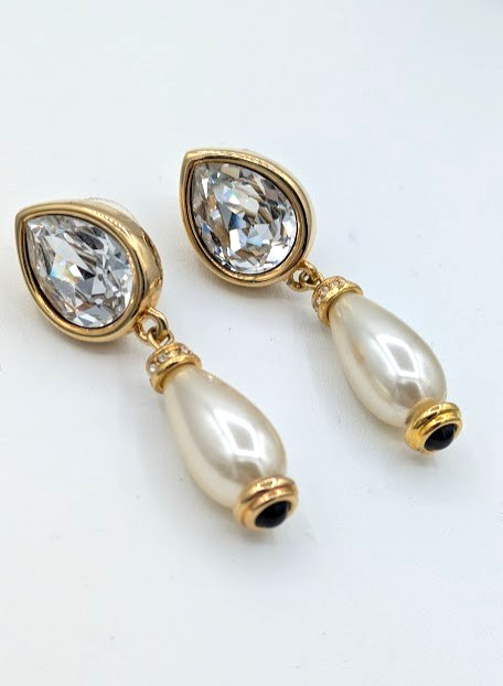 Vintage SWAROVSKI Earrings Crystal Pearl Drop Gold Tone