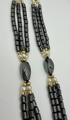 Vintage Long Hematite Beaded Necklace Triple Strand Gold Tone Faux Pearl 30”