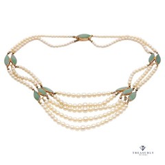 Vintage 5 Strand Pearl Jade 14K Gold Chocker Pearl Necklace by de Groot & Gudde