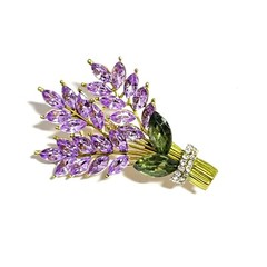 Lavender Rhinestone Brooch Pin Purple Lilac Flowers Floral Bouquet Gold Tone