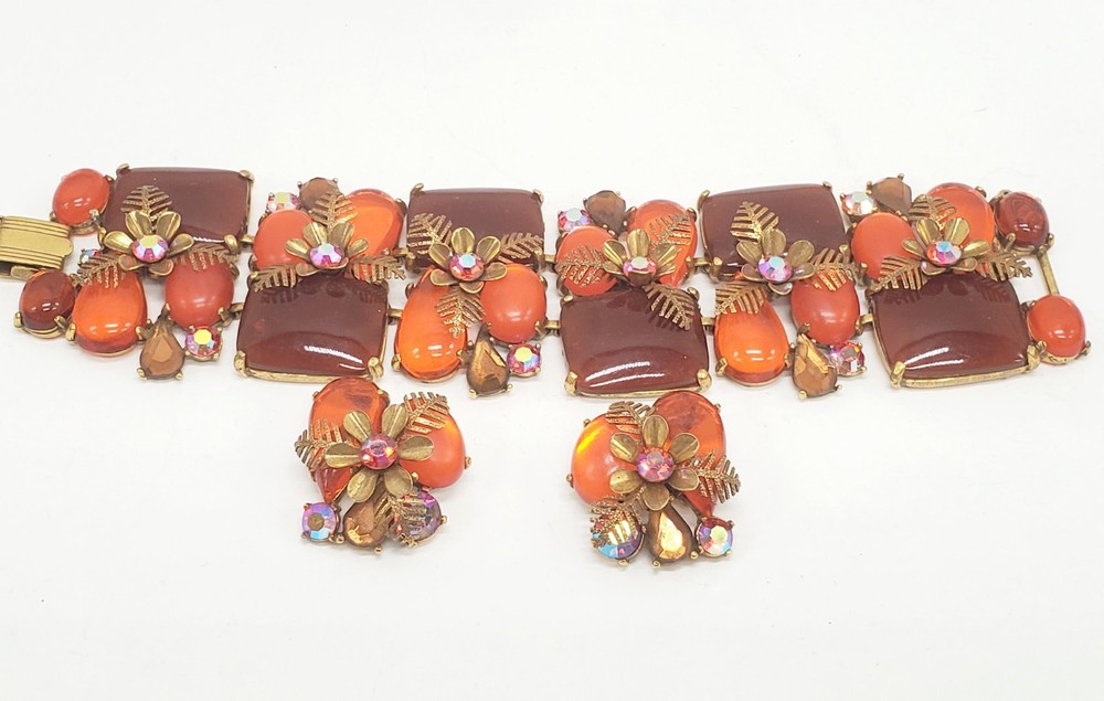 Selro Selini 1970s Orange Jelly Jewel AB Bracelet & Earrings Set Signed!