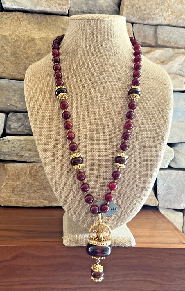 VTG SIGNED KENNETH LANE CARNELIAN RED AMBER GLASS BEAD PENDANT NECKLACE RARE 33″