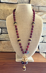 VTG SIGNED KENNETH LANE CARNELIAN RED AMBER GLASS BEAD PENDANT NECKLACE RARE 33″