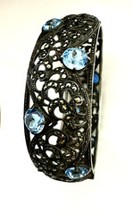 Vintage .835 Silver Hinged Cuff Bracelet w/Marcasites & Pastel Blue Round Gems