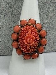 Vintage Orange Carved Resin Flower Ring Size 8 With Surrounding Stones