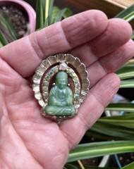 Vtg BUDDHA Faux Jade Brooch Gold Tone W/Rhinestones & Pearl **READ**