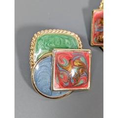 Vintage Enamel Color Block Earrings Blue Green Swirl Geometric Memphis Style